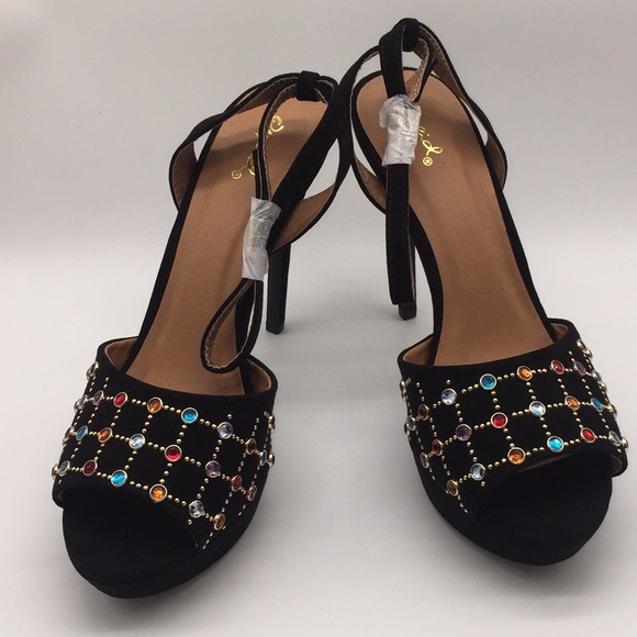 Qupid Ladies Platform Black Suede 5” Heels Pumps Open Toe Black Suede Size 10 - Picture 10 of 16